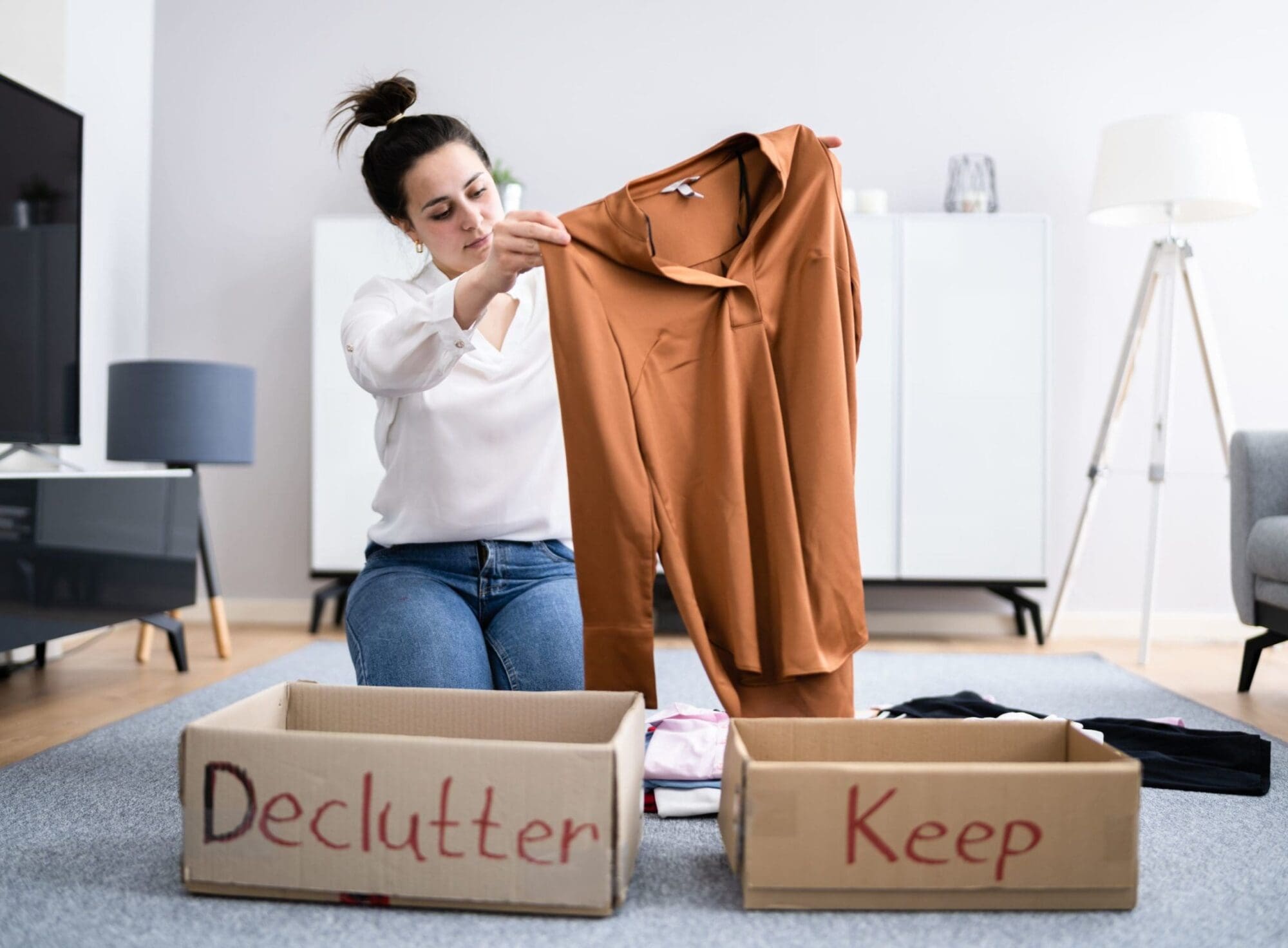 volunteer and customer with clothing