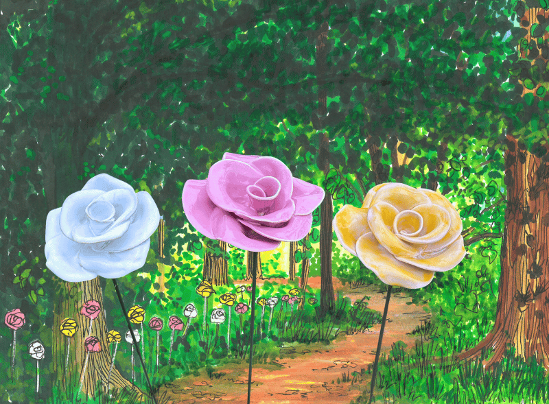 Three roses light yellow An illustration of a forest and rose lined path. Cut out photographs of glazed ceramic roses are in the foreground.