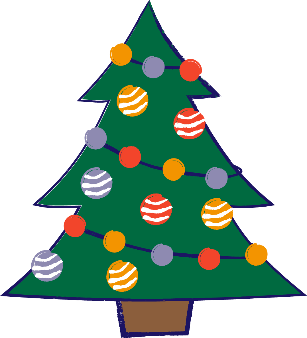 A drawing of a Christmas tree with lights and baubles hung on it. 