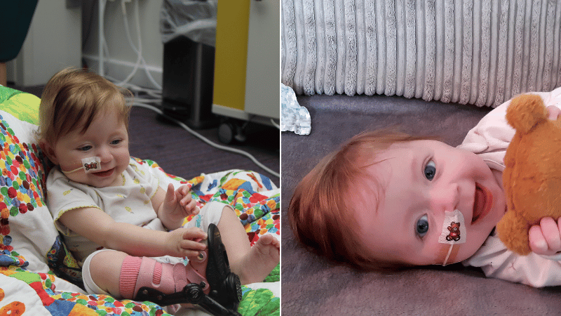 Two photos of a little girl smiling