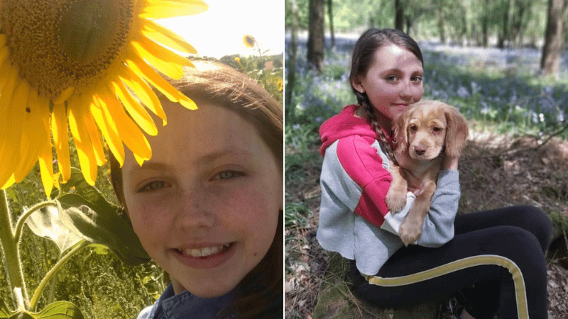 Two photos - on the left a girl smiling next to a sunflower and on the left, a girl smiling holding a dog in a woods.