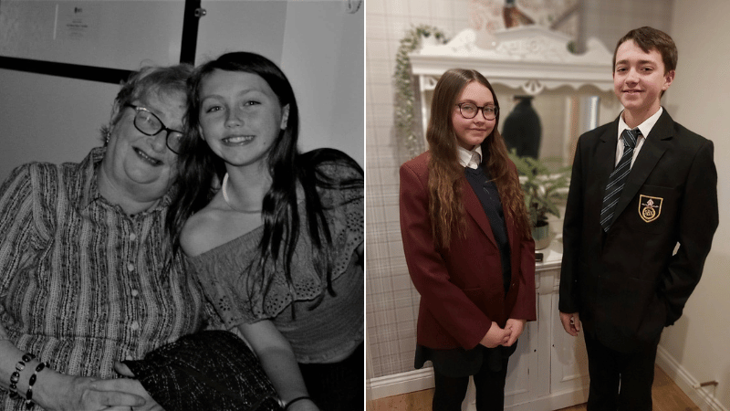 Two photos - on the left a girl smiling next to a sunflower and on the left, a girl smiling holding a dog in a woods.