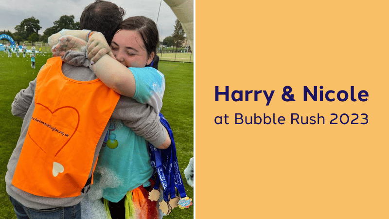 Two photos - on the left a girl smiling next to a sunflower and on the left, a girl smiling holding a dog in a woods.