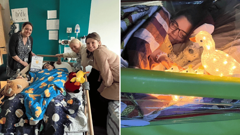 Two photos - on the left a girl smiling next to a sunflower and on the left, a girl smiling holding a dog in a woods.