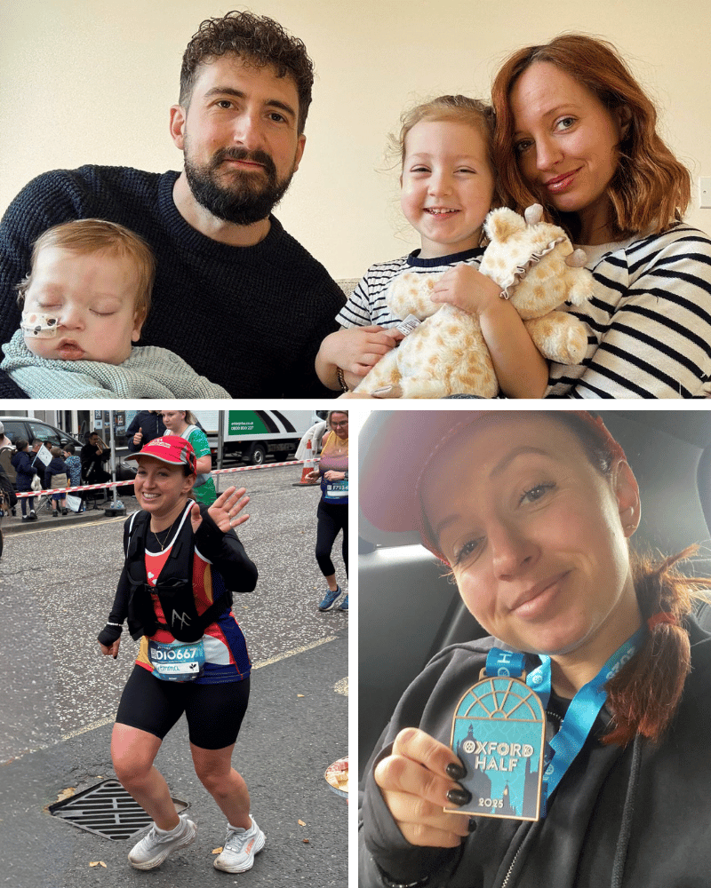 Gemma with her son, Jago and family. Gemma running the Oxford Half Marathon and posing with her medal. 