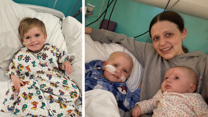 Bobby smiling in his hospital bed. Bobby with his mum and baby sister.