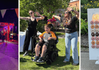 Youth weekend 2026 blog header A band playing at night in the hospice garden. Two women waving their arms to music next to a teenage boy in a wheelchair. A donut wall