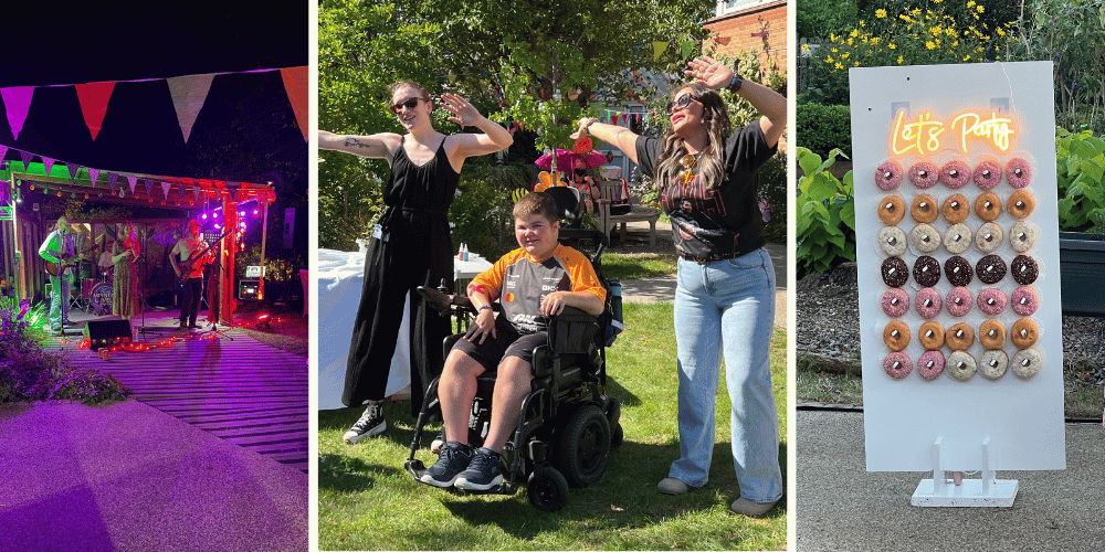 A band playing at night in the hospice garden. Two women waving their arms to music next to a teenage boy in a wheelchair. A donut wall