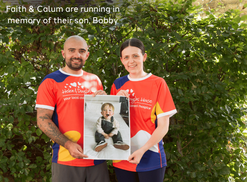 Faith and Calum are running in memory or their son, Bobby. A man and a woman holding up a photo of a young boy.